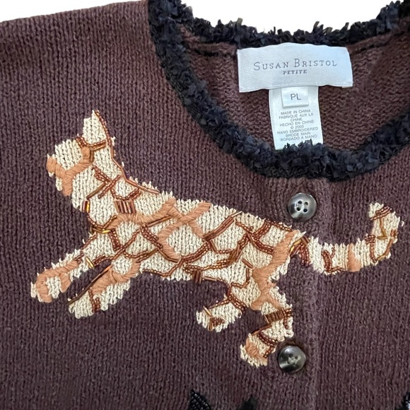 Susan Bristol Cat Sweater Cardigan Beads Sequins Kamala Brown Petite Size L - Picture 5 of 8